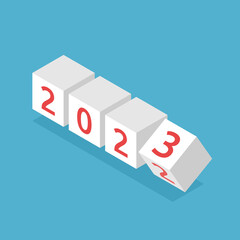 2023 blocks changing from 2022. New Year, holiday, time, beginning and celebration concept. Flat design. Vector illustration. EPS 8, no transparency