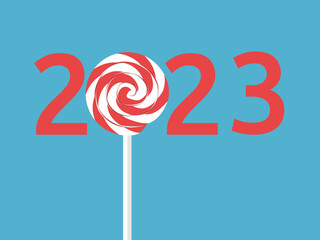2023 text with lollipop on stick. New Year, fun, Christmas, holiday, party and celebration concept. Flat design. Vector illustration. EPS 8, no gradients, no transparency