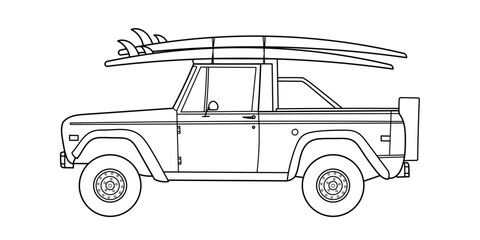 Off-road SUV side view, surfboards on the roof. Doodle vector illustration