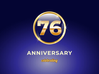 Vector graphic of 76 years golden anniversary logo with round blue glossy button with gold ring frame on dark blue gradient background. Good design for Congratulation celebration event, birthday, etc.