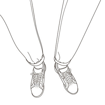 Sketch Of Selfie Of Feet In Classic Sneakers Boots Shoes And Tight Jeans Or Chinos, Top View, Line Art Style Hand Drawn Doodle Vector Illustration.