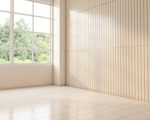 Naklejka na ściany i meble Japandi style empty room decorated with wood wall and wood floor. 3d rendering 