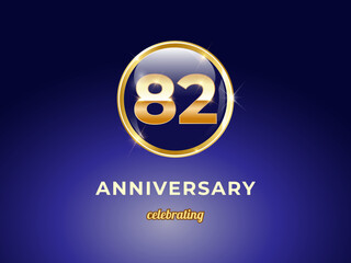 Vector graphic of 82 years golden anniversary logo with round blue glossy button with gold ring frame on dark blue gradient background. Good design for Congratulation celebration event, birthday, etc.