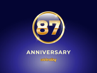 Vector graphic of 87 years golden anniversary logo with round blue glossy button with gold ring frame on dark blue gradient background. Good design for Congratulation celebration event, birthday, etc.