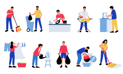 Fototapeta na wymiar People doing housework. Men woman characters cooking dishes watering flowers cleaning up doing housework chores. Vector cartoon isolated set