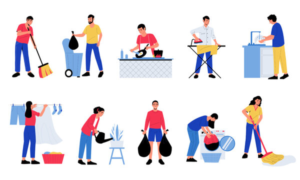 People doing housework. Men woman characters cooking dishes watering flowers cleaning up doing housework chores. Vector cartoon isolated set