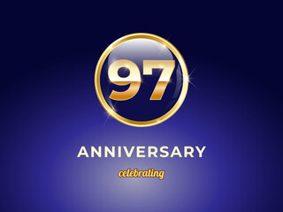 Vector graphic of 97 years golden anniversary logo with round blue glossy button with gold ring frame on dark blue gradient background. Good design for Congratulation celebration event, birthday, etc.