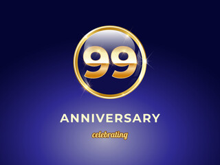 Vector graphic of 99 years golden anniversary logo with round blue glossy button with gold ring frame on dark blue gradient background. Good design for Congratulation celebration event, birthday, etc.