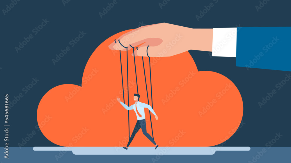 Poster man being controlled by puppet master. business manipulator concept. boss puppet abuse manipulations
