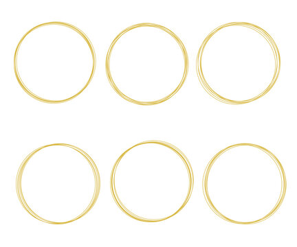 Golden round frame set. Round shape bordered on white background. Geometric line circle design element. Vector illustration.