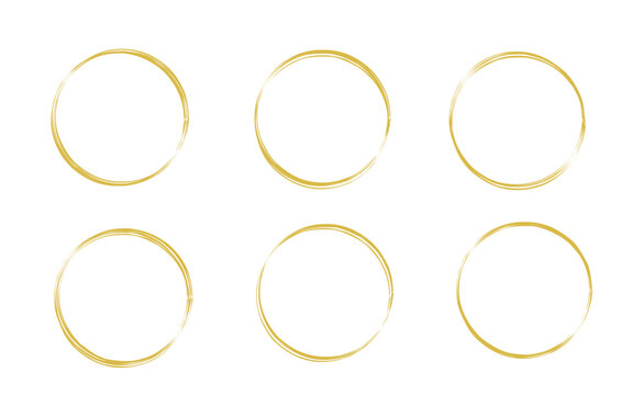 Golden round frame set. Round shape bordered on white background. Geometric line circle design element. Vector illustration.