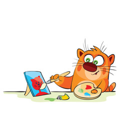 cute ginger cat sits at the table and draws a self-portrait on the canvas with paints, cartoon illustration, isolated object on a white background, vector,