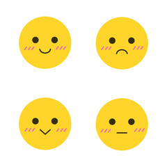 Yellow smileys stickers on white background. Emotion sticker pack for typography, web. Cute yellow emoji faces. Simple kawaii vector illustration 4 emotions. Set of emotions.