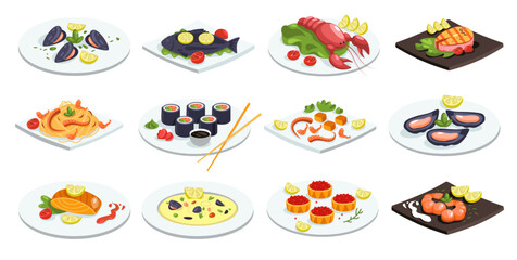 Fototapeta premium Seafood dishes. Festive fish meal asian japanese chinese traditional food cuisine, cartoon salmon steak crab meat sushi shrimp gourmet icons. Vector collection