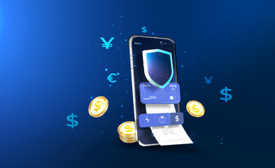 An application for online banking. Mobile phone payment with NFC technology and a high level of payment security. Protect the purchase of wireless payment via smartphone. digital payment technologies.