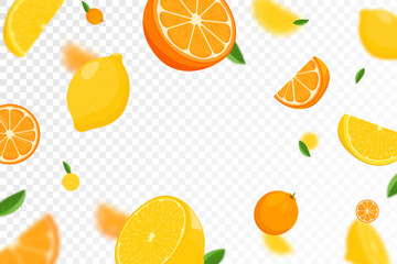 Citrus background. Flying Lemon and orange with green leaf on transparent background. Lemon and orange falling from different angles. Focused and blurry objects. Flat cartoon vector.