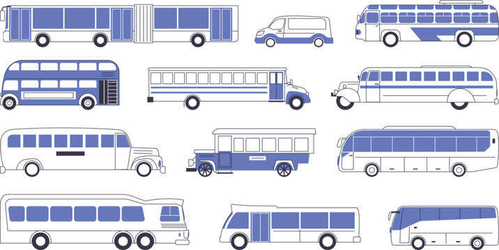 A set of vector images of various buses. Public transport.