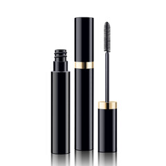 Obraz premium Mascara tube and a wand applicator. Cosmetic black bottle with eyelash brush. Isolated on white background. Realistic vector for web design, banners, posters, ad, advertising.