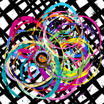 abstract background pattern, with circles, lines, paint strokes and splashes