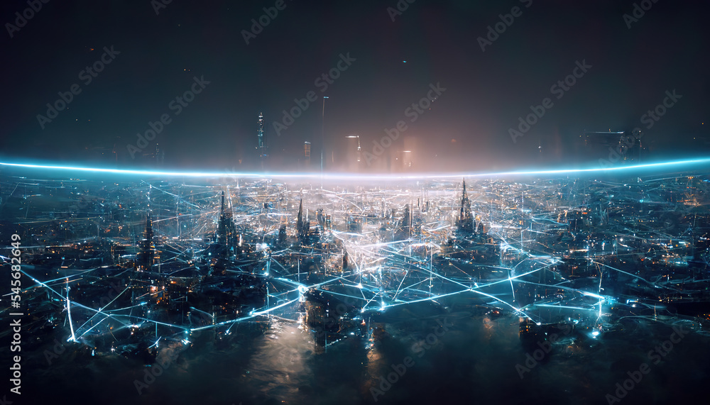 Poster the concept of a high-speed internet connection visualized as cables linking up in a spectacular fut