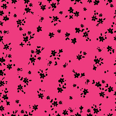 Cute floral pattern. Seamless vector texture. An elegant template for fashionable prints. Print with small black flowers and leaves. pink  background.