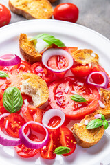 tomato salad panzanella bread, onion vegetable meal food snack on the table copy space food background  top