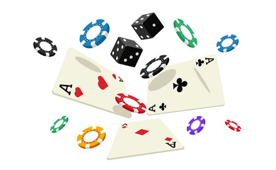 Falling cards and chips. Playing casino accessories for poker, floating red and black coins, money winning gambling game concept. Vector illustration