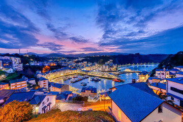 Famous view of Luarca, Spain from the region of Asturias at night.