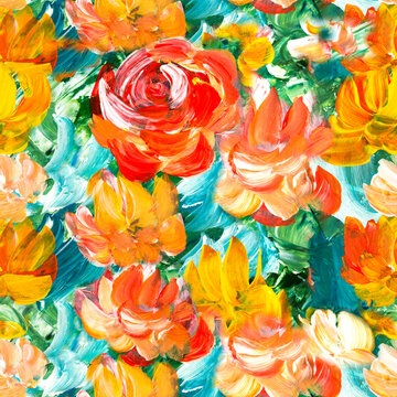 Seamless pattern of abstract painting red and yellow flowers, original hand drawn, impressionism style, color texture, brush strokes of paint,  art background.