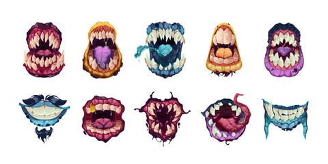 Scary mouth. Cartoon monster face emotions, creative alien characters funny emotional monstrous avatars open mouths. Vector isolated set © Tartila