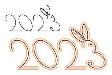 2023 with bunny line art. New years illustration with rabbit. Year of rabbit illustration.