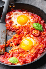egg fried tomato shakshuk breakfast eggs vegetable meal food snack on the table copy space food background top