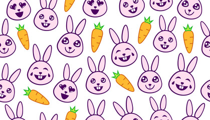 Obraz na płótnie Canvas Abstract seamless pattern with bunnies and carrots. Rabbit pink smiling faces and orange carrots on white background, repeatable pattern.
