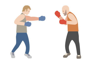 Two male boxers fighting against each other. Box fighters on left and right corners flat style illustration.