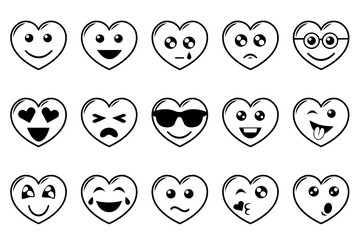 Line art hearts emoticon. Emotional hearts with black thin line, isolated on white background.