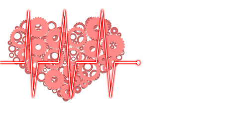 On a white background, a heart consisting of pink gears and a strip of heartbeat rhythm. The concept of medicine and health, cardiology.
