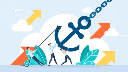 The business team is trying to hold the anchor. Business problems. People and anchor with chain. Concept of docking or mooring, anchorage, marine transport. Flat vector illustration for poster, banner © Yurii