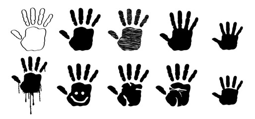 Cartoon drawing hand palm. Baby or kids paint hands or child handprint. Child hand prints. Vector silhouette, smile and face. Human fingers and palm icon. Grown up and children icon