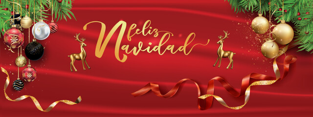 tarjeta o pancarta para desear una Feliz Navidad en oro sobre un fondo rojo con renos a cada lado y bolas de Navidad con ramas de abeto en oro, negro, rojo y blanco