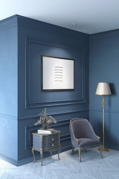 A classic dark interior illuminated by a horizontal poster on a dark blue wall with moldings with flowers in a vase on a classic chest of drawers, a golden floor lamp near a cozy armchair. 3d render