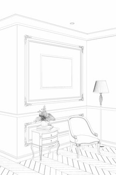 A sketch of the classic interior with a horizontal poster on a wall with moldings, flowers in a vase on a traditional chest of drawers, and a floor lamp near an armchair on the parquet floor.3d render