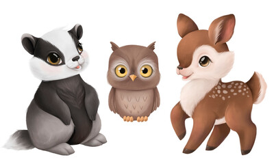 Cartoon woodland animals set.  Deer, owl, badger. Hand drawn character, nursery illustration set on transparent background.