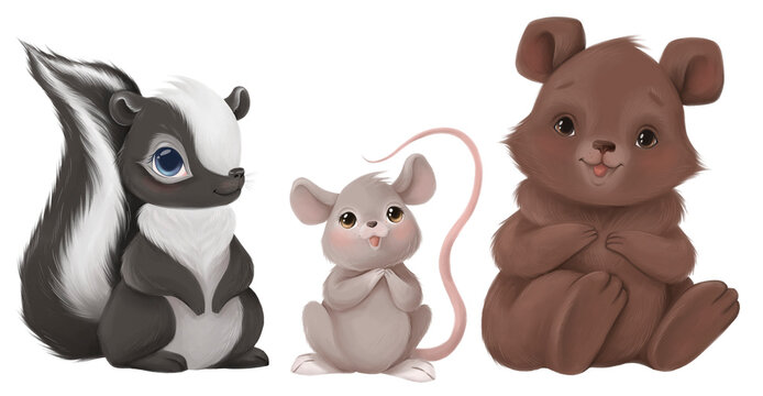 Forest animals collection, skunk, mouse, bear cute woodland baby animals. Hand drawn character, nursery illustration set on transparent background.
