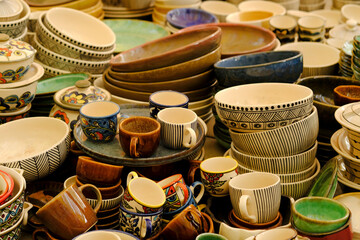 Hand made colorful ceramic pottery. Hand painted pottery. Traditional pottery fair in Pune, India.