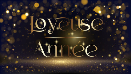 carte ou bandeau pour souhaiter une Joyeuse année en or sur un fond noir avec des ronds de couleur or en effet bokeh