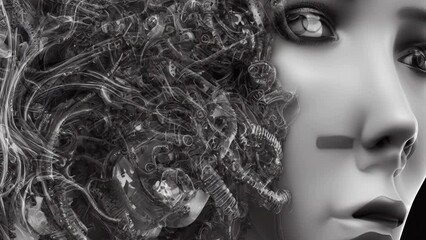 Animation of digital painting of futuristic female robot retro sci fi drawing with woman face and bionic body. Digital image grey photorealistic cyborg - Powered by Adobe