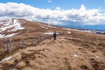 Rear view of woman with hiking backpack on alpine meadow walking along fence from Ladinger Spitz to...