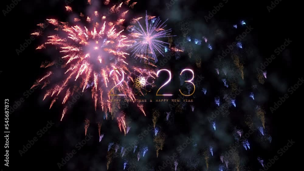 Poster 2023 merry christmas and happy new year golden light effect text with many exploding colorful firewo
