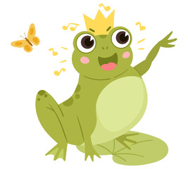 Cartoon green frog in crown sitting in pond. Cute amphibia in natural habitat, froggy animal in pond with water lilies isolated flat vector illustration on white background