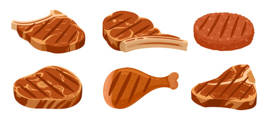 Cartoon grilled meat steak, fried burger patty. Roasted, grilled pork and beef steaks, fried meat dishes isolated flat vector illustration on white background